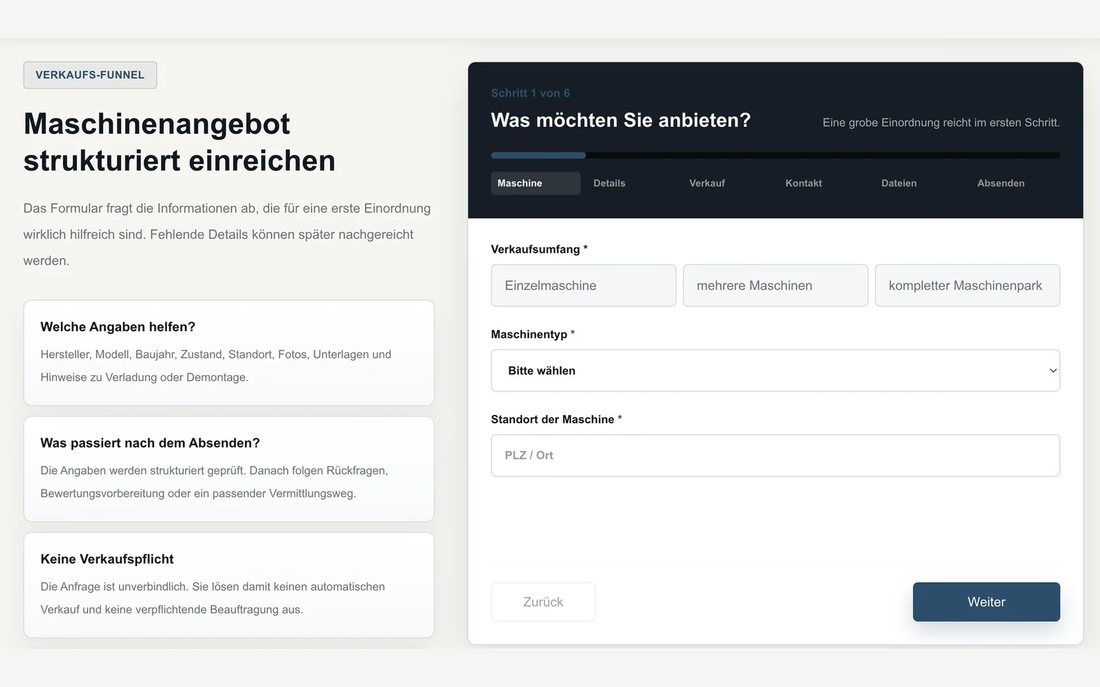Öffentliche Ansicht des sechs-stufigen Anfrageformulars des Eigenprojekts Maschinen Deutschland.