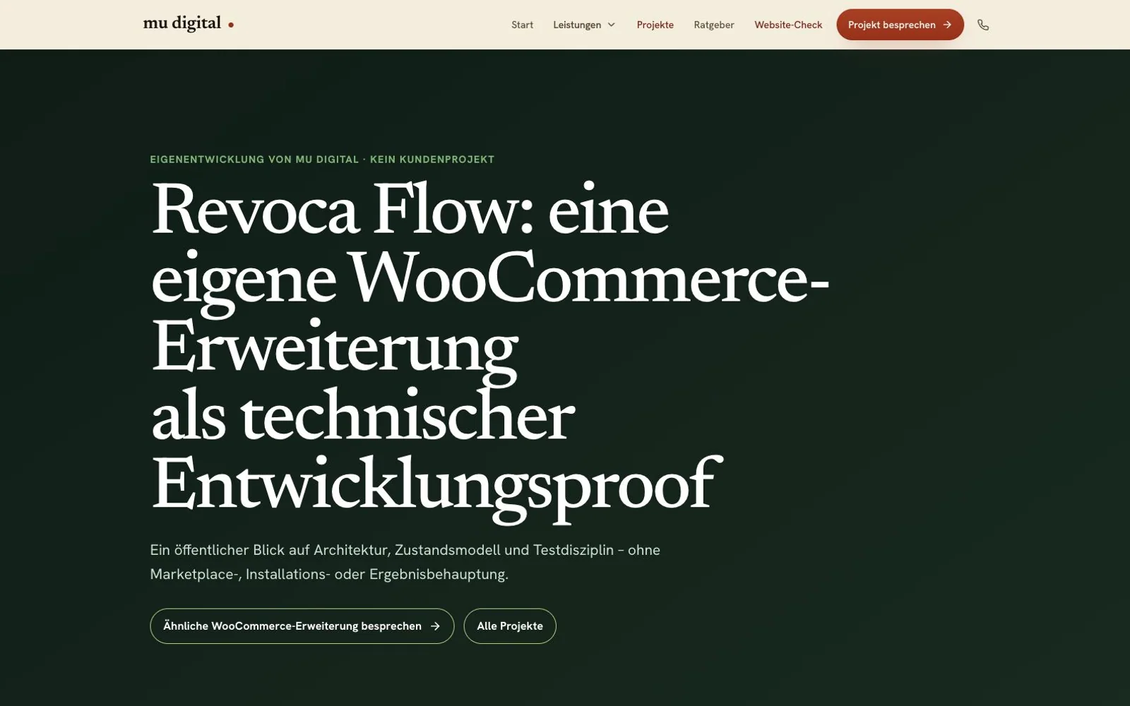 Öffentliche Proof-Seite der Eigenentwicklung Revoca Flow.